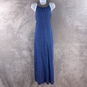 120% Lino Linen Maxi Dress Womens Size 42 Blue Beaded Halter Neck Italy